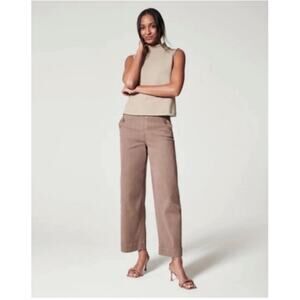 Spanx Stretch Twill Cropped Wide Leg Pants Brown Smoke Womens Large